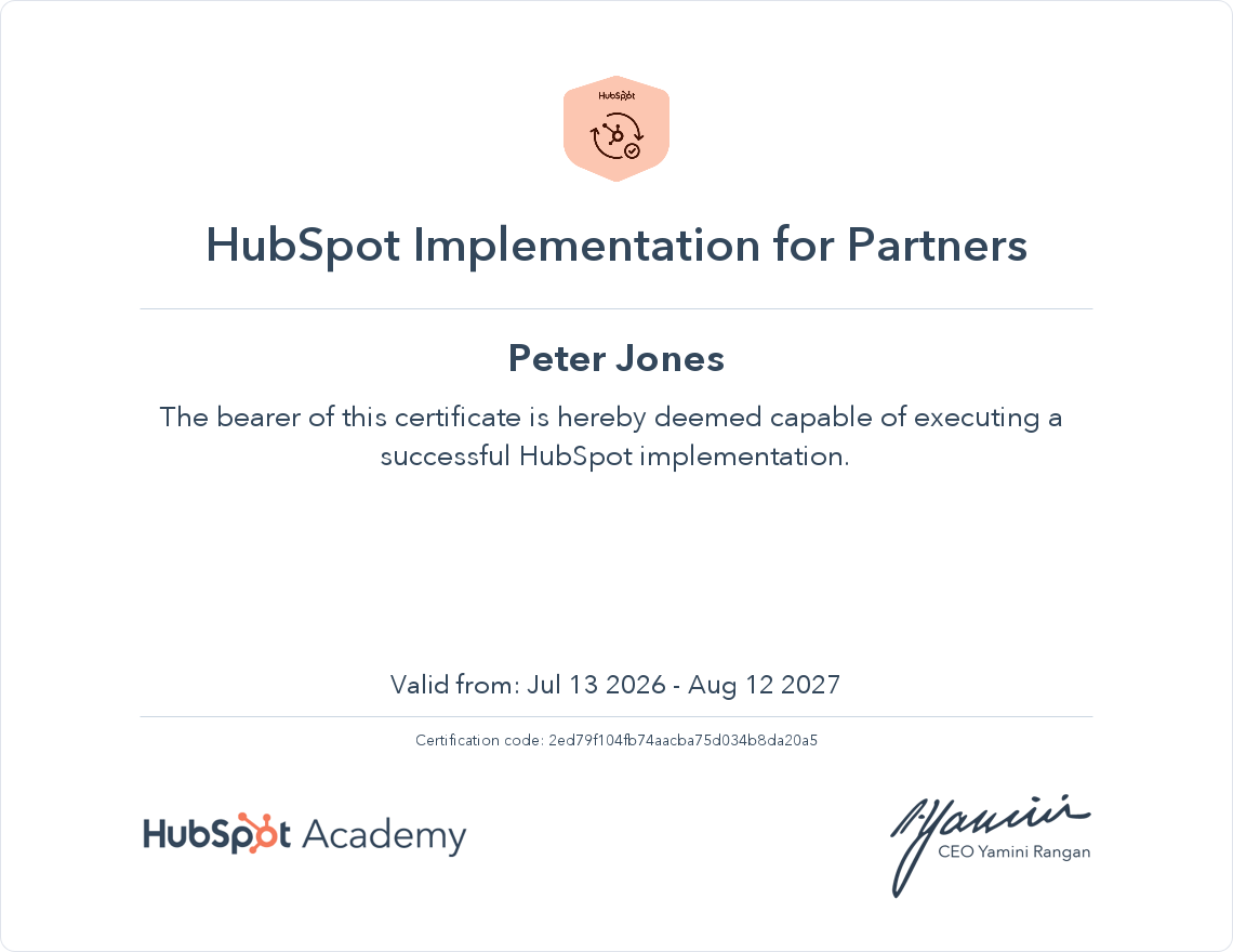 HubSpot Implementation for Partners Certificate